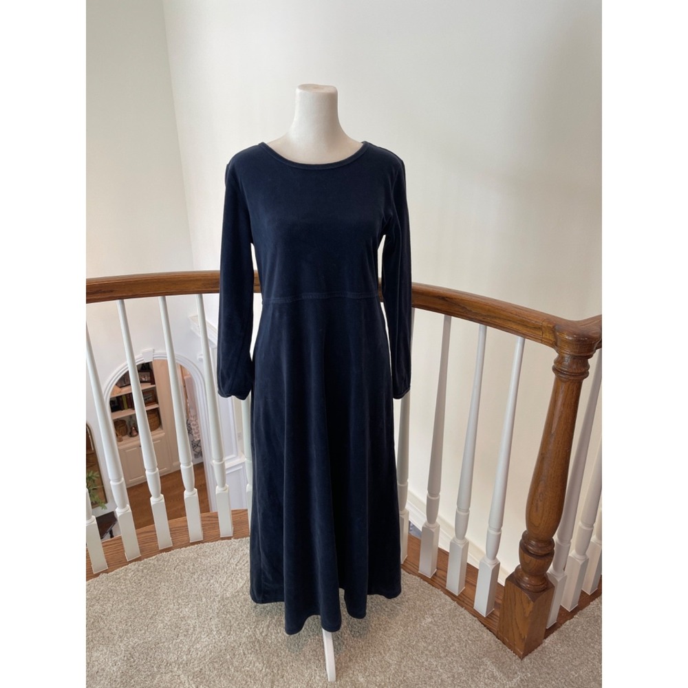 L.L. Bean Velour Dress Navy Blue Size small Long Sleeve Button Down Modest